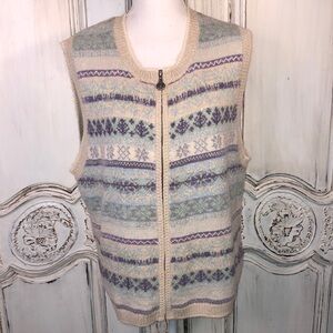 Monterey Petites by Koret Angora Blend Vintage Ski Print Zip Up Vest Size Large